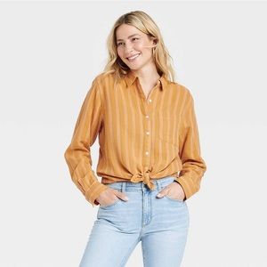 Long Sleeve Classic Fit Button-Down Shirt-Universal Thread Tan Striped M 1